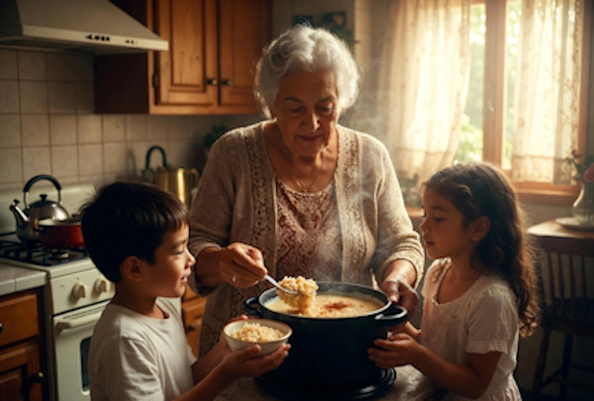 Grandma making a delicious dessert called arroz con leche