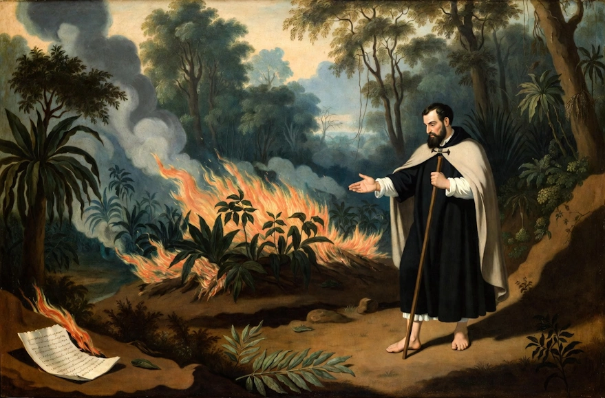 Animation of Sapnish priest burning a Coca plantation | Belcheri Travel