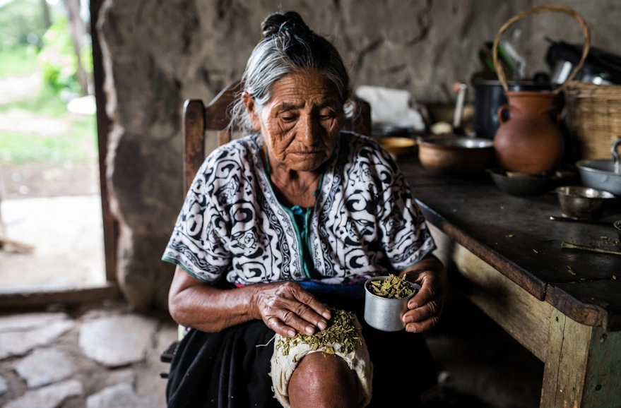 Woman wrapping her leg with Coca leaf medicine | Belcheri Travel