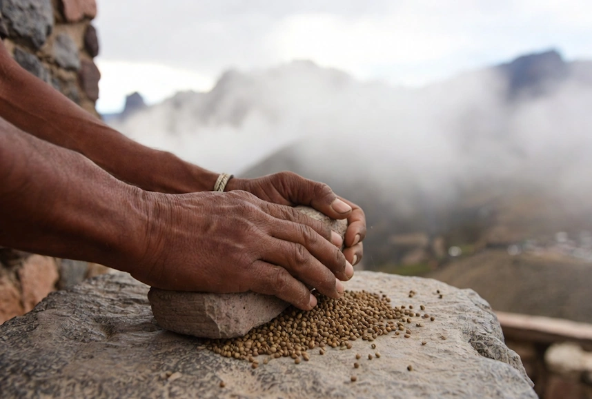 Hands grinding some kiwicha in a stone